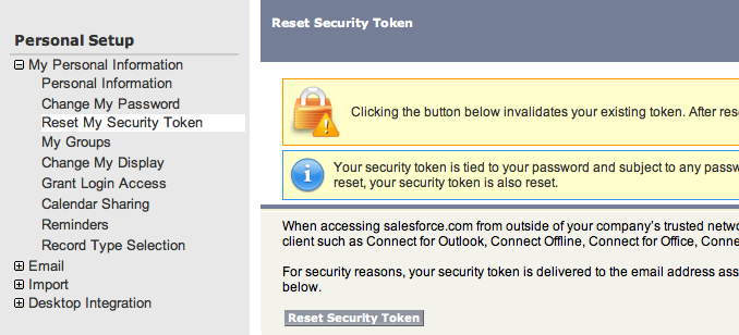 Screenshot of salesforce setup for resetting login security token